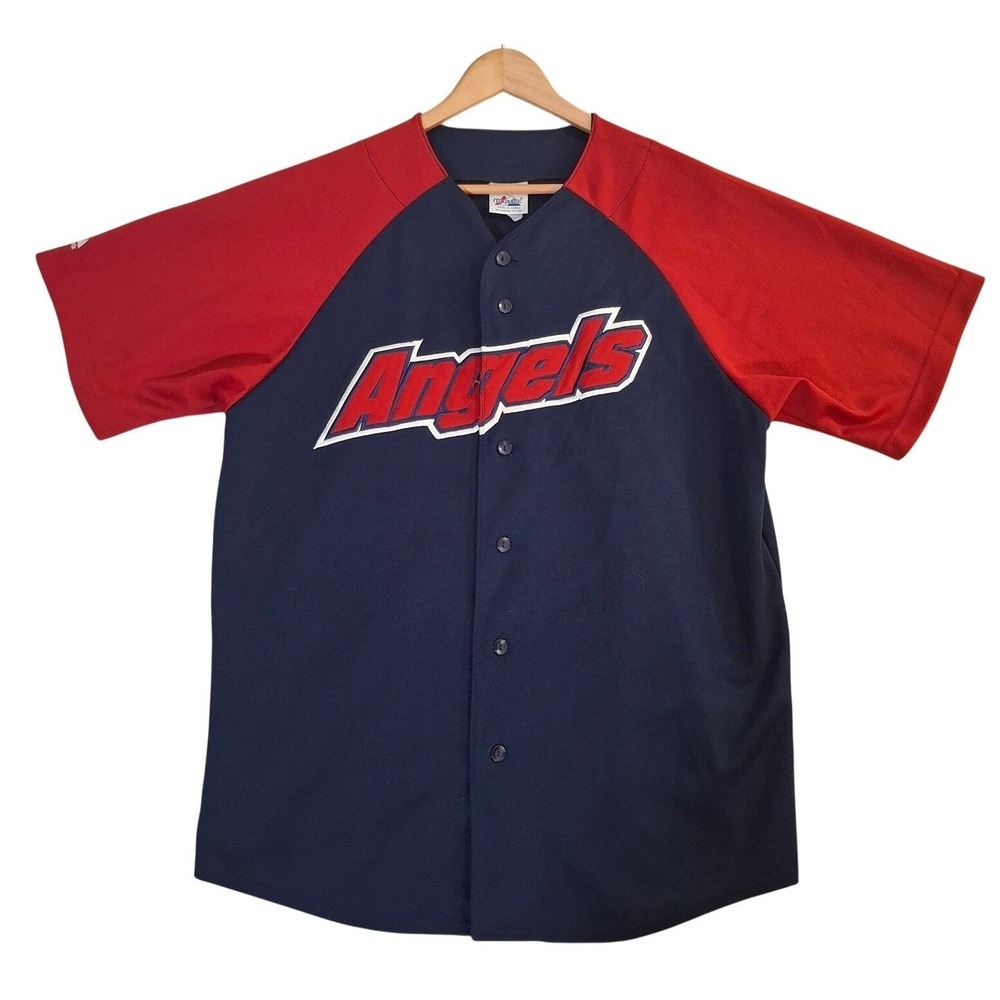 Majestic Los Angeles Angels Baseball Jersey Mens Large Blue Red Button Front MLB